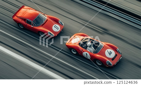 Aerial View Of Red Vintage Race Cars Racing On Gray Asphalt Track 125124636