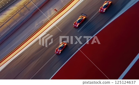 Aerial View Of Three Red Race Cars Speeding On Track Lit By Stadium Lights 125124637