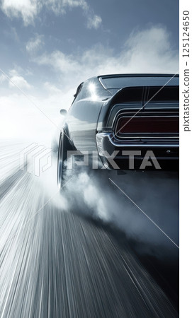 Classic Black Car Burnout On Wet Asphalt With Steam Under Cloudy Sky 125124650