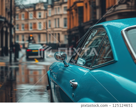Classic Blue Car Parked On A Wet Street Reflecting City Buildings 125124651