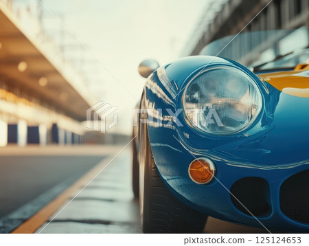Close-up Of A Blue Sports Car On A Race Track With Blurred Background 125124653