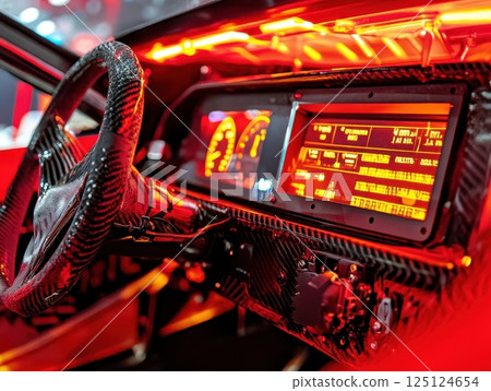 Close Up Of A Car Dashboard With Red Illuminated Digital Displays Close Up Of A Car Dashboard With Red Illuminated Digital Displays 125124654