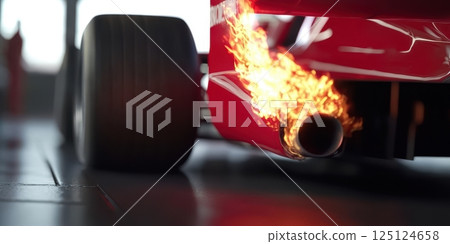 Close-up Of A Racing Car Tire And Exhaust With Burning Flames 125124658
