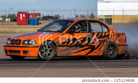 Orange Drift Car Performing a Burnout on a Paved Track with Smoke and Dirt Kicking Up 125124686