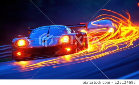 Race Car at Night Speeding on a Track with Light Streaks in Blue and Orange Hues 125124693