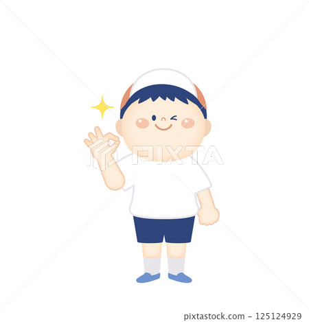 Boy in gym clothes making an OK hand sign, whole body 125124929