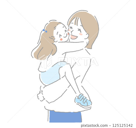 Parents and children hugging each other with happy smiles 125125142