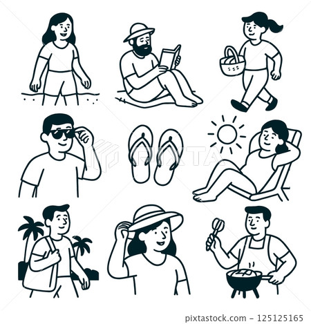 Summer activities include walking, reading, and enjoying sun. People relax, cook, and have fun outdoors, showcasing vibrant lifestyle filled with joy and leisure 125125165
