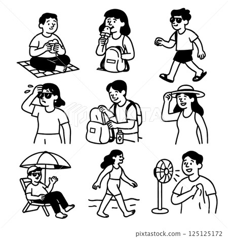 Enjoying summer activities, people are depicted engaging various outdoor leisure activities like eating, walking, and relaxing sun. illustrations capture essence of summer fun and relaxation 125125172