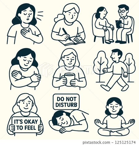 Emotional wellness illustrations depict various self care activities, including breathing exercises, journaling, and mindfulness practices. These images promote mental health awareness and self 125125174