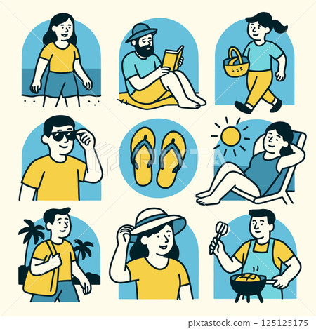 Enjoy vibrant summer scene featuring people engaging in various outdoor activities like walking, reading, and cooking. cheerful atmosphere is enhanced by bright colors and playful illustrations 125125175