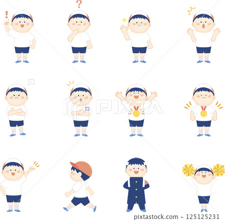 插圖組男孩穿著運動服,擺出各種姿勢,全身 插圖組男孩穿著運動服,擺出各種姿勢,全身 125125231