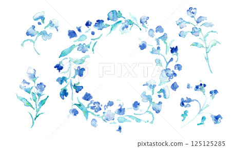 水彩畫。水彩矢量插圖。藍色花鈴蘭插圖。帶有植物和花卉的向量框架。 水彩畫。水彩矢量插圖。藍色花鈴蘭插圖。帶有植物和花卉的向量框架。 125125285