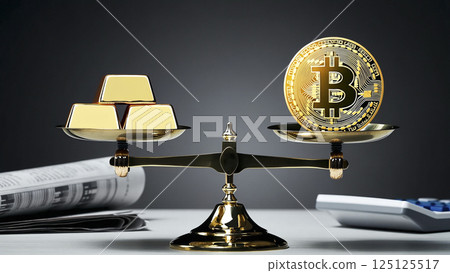 平衡秤上的比特幣與黃金風險管控概念 125125517