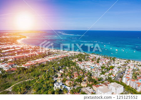 Aerial view with caribbean city on the beach Aerial view with caribbean city on the beach 125125552