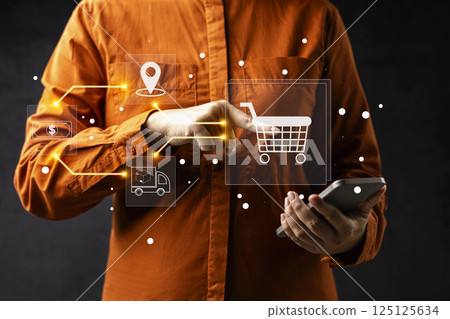 Business person with mobile phone showing steps of online shopping. Technology innovation on a virtual screen. Concept of E-commerce, online shopping and digital online marketing for commerce sales 125125634