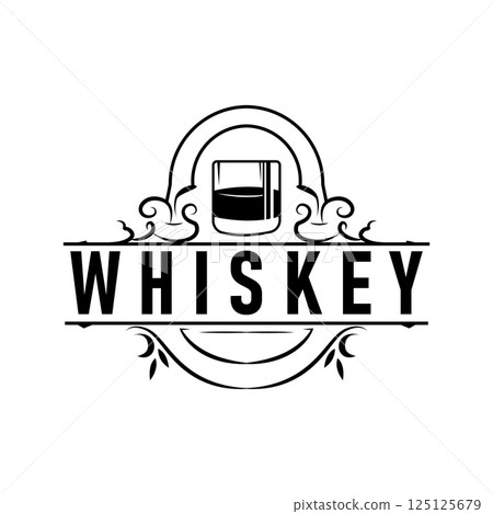 old retro vintage design with whiskey logo, bar drink with simple concept for bar, cafe, restaurant, or business, as business brand and product illustration template 125125679