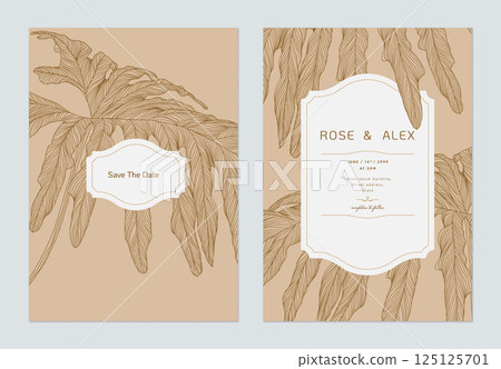 Vintage wedding invitation card template design, Philodendron bipinnatifidum leaves line art ink drawing in brown tones 125125701