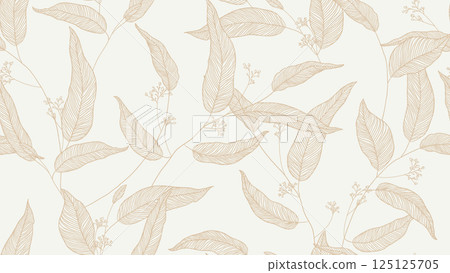 Foliage seamless pattern, eucalyptus leaves and flowers line art ink drawing in brown on bright grey 125125705