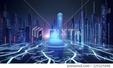 Glowing pulse path and neuron network ground with deep space as background 125125840