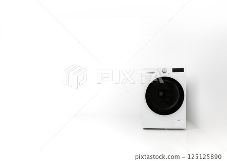 White front loading washing and dryer machine with black door 125125890