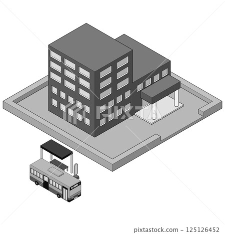 一輛巴士停在一棟建築物前的巴士站上。城市景觀。單色、等距、右視圖。 一輛巴士停在一棟建築物前的巴士站上。城市景觀。單色、等距、右視圖。 125126452