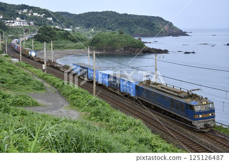 EF510 freight train running along the coast EF510 freight train running along the coast 125126487