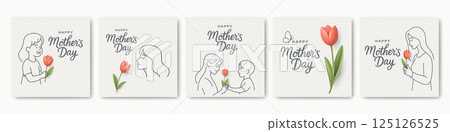 Mother s Day. Vector Square Cards with Tulip Flower And Minimal Line Art of Woman and Child. Hand Drawn Style Greeting Cards. Happy Mothers Day Floral Design For Spring Holiday Celebration 125126525