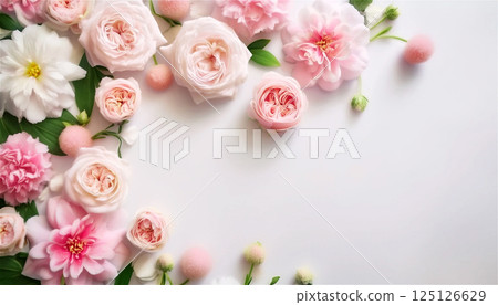 Mother's Day, pink roses and carnations background, bird's-eye view 125126629