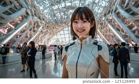 A moment when a futuristic exhibition guide connects technology and culture with a smile at the future Osaka Expo 125126995