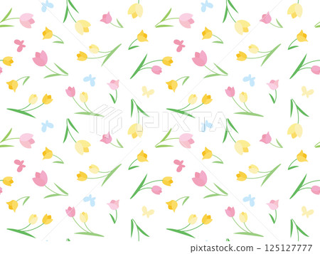 可愛的鬱金香圖案插圖，粉紅色和黃色 125127777