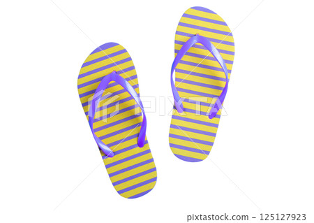 Brightly colored flip-flops ideal for beach outings and sunny days, isolated on white 125127923