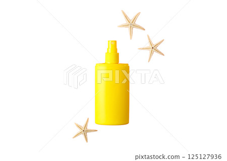 Bright yellow sunscreen for summer skin protection, isolated on white Bright yellow sunscreen for summer skin protection, isolated on white 125127936