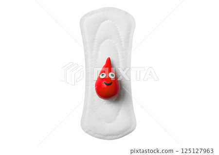 Feminine hygiene and menstruation, Playful character on a sanitary pad promoting menstrual awareness, isolated on white, PNG Feminine hygiene and menstruation, Playful character on a sanitary pad promoting menstrual awareness, isolated on white, PNG 125127963