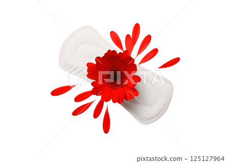 Feminine hygiene and menstruation, Feminine hygiene product with a red flower and petals, isolated on white, PNG Feminine hygiene and menstruation, Feminine hygiene product with a red flower and petals, isolated on white, PNG 125127964