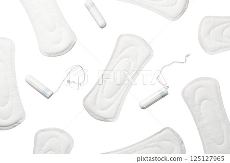 Feminine hygiene and menstruation, Feminine hygiene items: pads and tampons, isolated on white, PNG Feminine hygiene and menstruation, Feminine hygiene items: pads and tampons, isolated on white, PNG 125127965