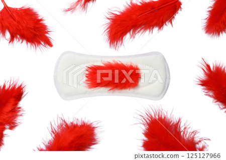 Feminine hygiene and menstruation, Sanitary pad with red feathers, isolated on white, PNG Feminine hygiene and menstruation, Sanitary pad with red feathers, isolated on white, PNG 125127966