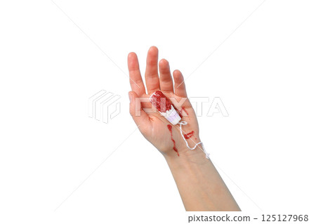 Feminine hygiene and menstruation, Hand holding a menstrual product with blood, isolated on white, PNG 125127968