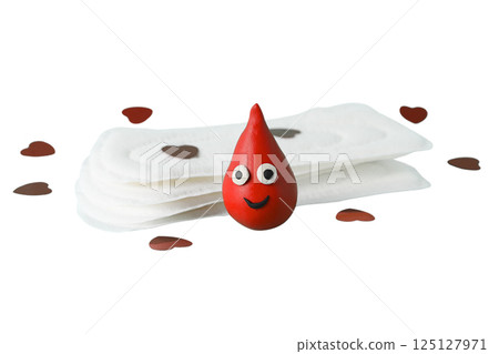 Feminine hygiene and menstruation, Cute blood drop and pads with hearts for feminine hygiene, isolated on white, PNG Feminine hygiene and menstruation, Cute blood drop and pads with hearts for feminine hygiene, isolated on white, PNG 125127971