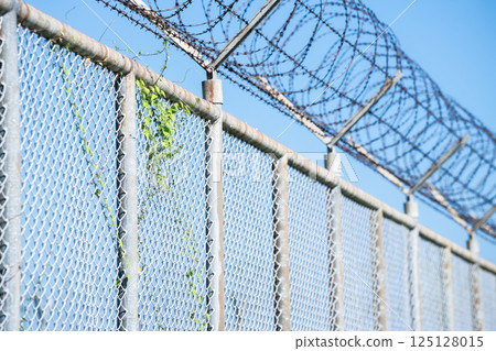 Barbed wire fence symbolizing border control, geopolitical tensions, and restricted freedoms in modern society. Barbed wire border security fence. Barrier border. Boundary security wall. Private area. 125128015