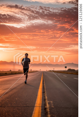 Runner on an Empty Road During a Vibrant Sunrise in the Mountains Runner on an Empty Road During a Vibrant Sunrise in the Mountains 125128066
