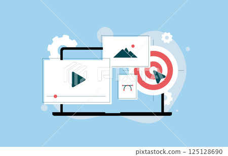 Content marketing strategy for blog articles, infographics, videos and visuals. Focus on audience retention and growing traffic through valuable creation. Content marketing vector illustration Content marketing strategy for blog articles, infographics, videos and visuals. Focus on audience retention and growing traffic through valuable creation. Content marketing vector illustration 125128690
