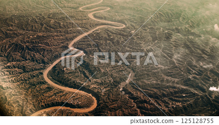 China. View From Airplane Window On Yongding River. Largest River To Flow Through Beijing. Aerial View On Mountainous Terrain. Mountainous Landscape. Porthole View. Wuding River Or Unfixed River 125128755