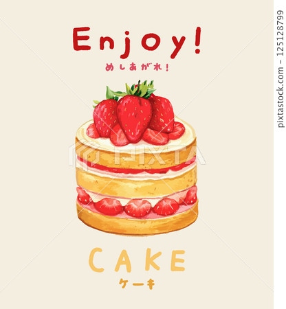 一組草莓蛋糕和手寫文字的水彩插圖。人工智慧生成的 125128799