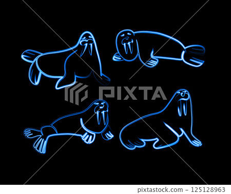 Vector isolated illustration of a set of cartoon walruses with neon effect. Contour drawing of walruses. 125128963