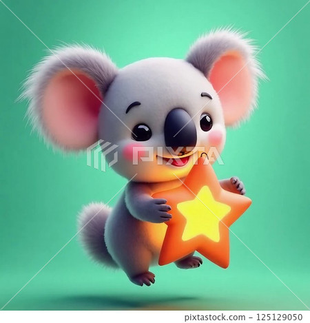 A smiling koala holding a star-shaped lantern, floating in mid-air with a mint green background, cute fantasy mascot A smiling koala holding a star-shaped lantern, floating in mid-air with a mint green background, cute fantasy mascot 125129050