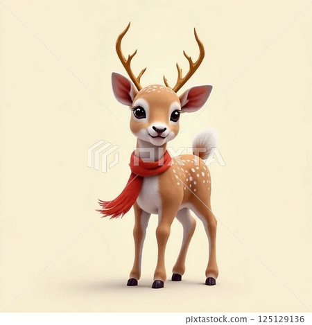 A baby deer with soft pastel fur and golden antlers, wearing a tiny scarf, standing calmly against a light cream background 125129136