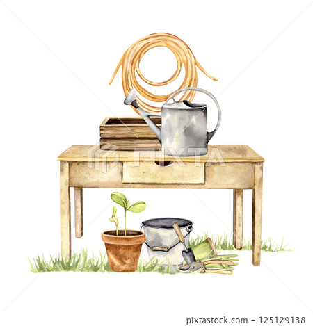 Watercolor gardening scene with vintage table, watering can, crate, hose, gloves, potted plant 125129138
