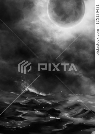 波濤洶湧的大海和夜空中的滿月單色 波濤洶湧的大海和夜空中的滿月單色 125129451