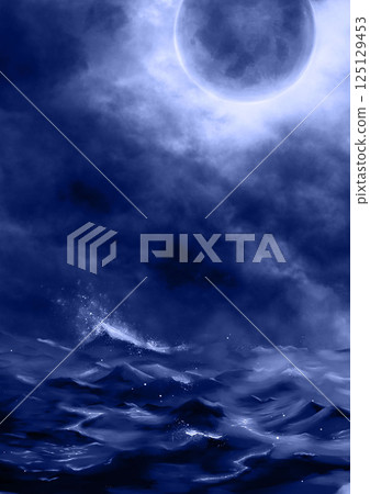 Rough sea and blue full moon in the night sky Rough sea and blue full moon in the night sky 125129453